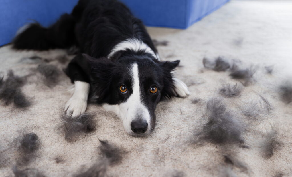 dog surrounded by loose dog hair
